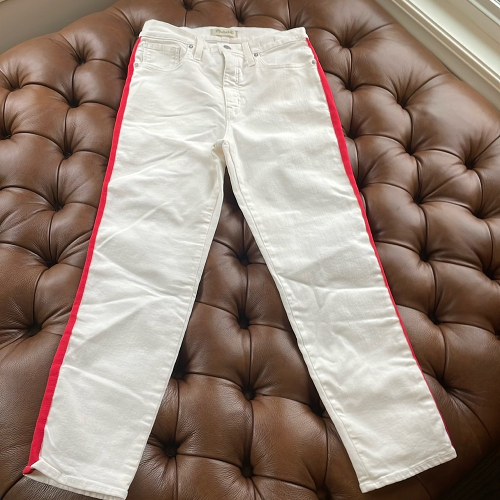 Madewell white jeans w/ red side stripe, size 28. New w/ tags, see description.